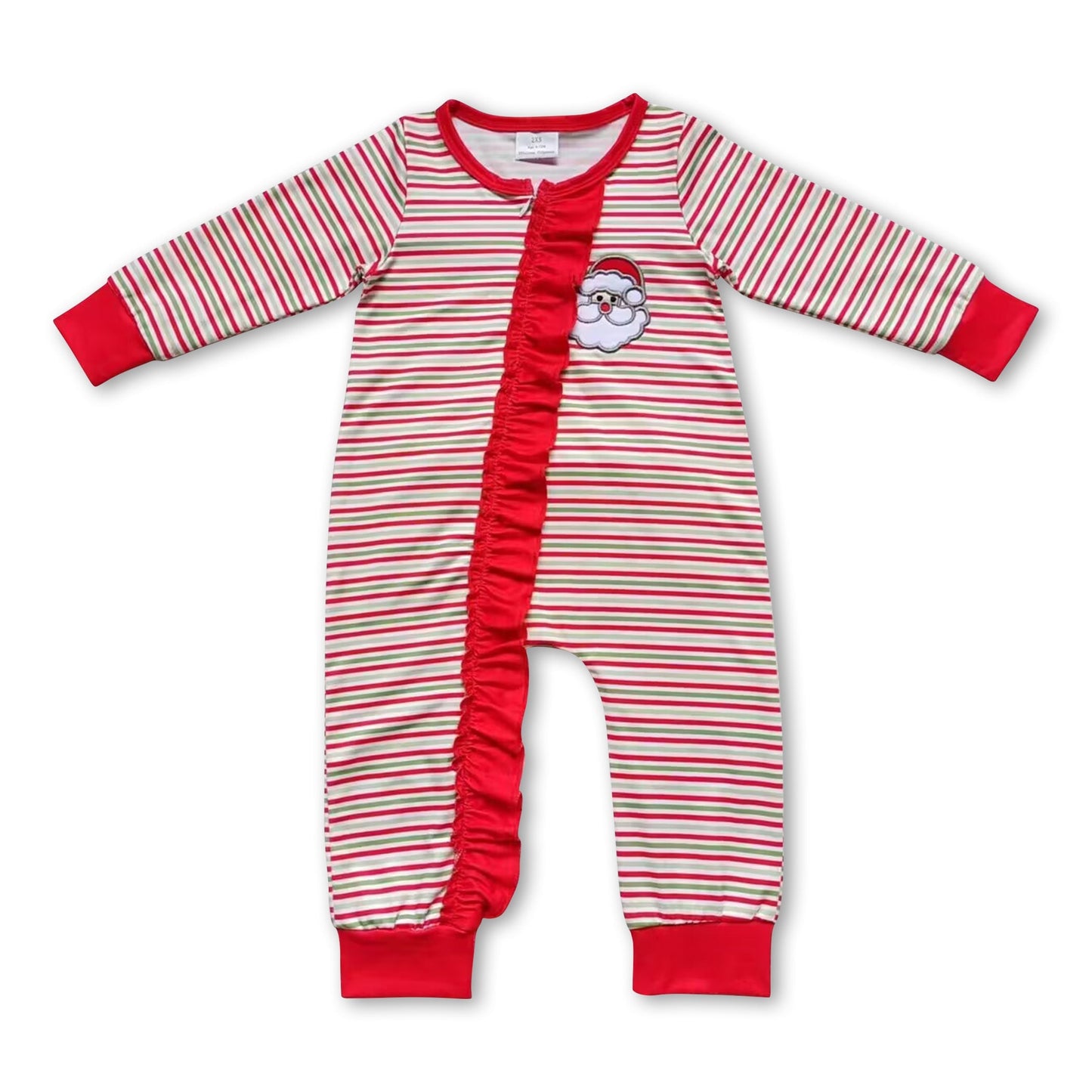 Weihnachts-Strampler für Babymädchen, rot-grün gestreift, mit Rüschen, Reißverschluss, Weihnachtsmann-Design