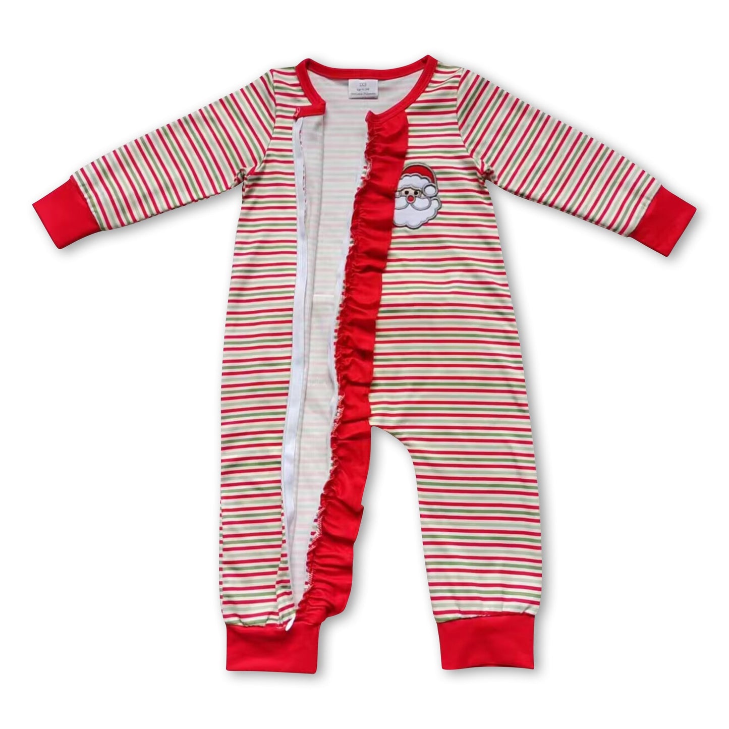 Weihnachts-Strampler für Babymädchen, rot-grün gestreift, mit Rüschen, Reißverschluss, Weihnachtsmann-Design