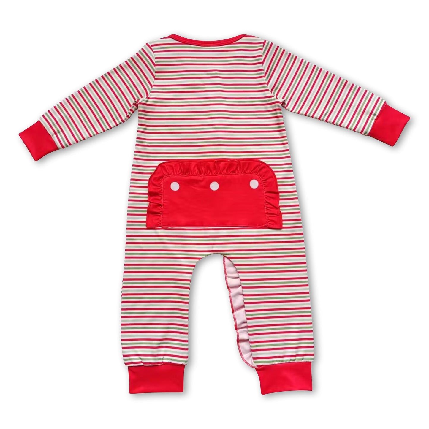 Weihnachts-Strampler für Babymädchen, rot-grün gestreift, mit Rüschen, Reißverschluss, Weihnachtsmann-Design