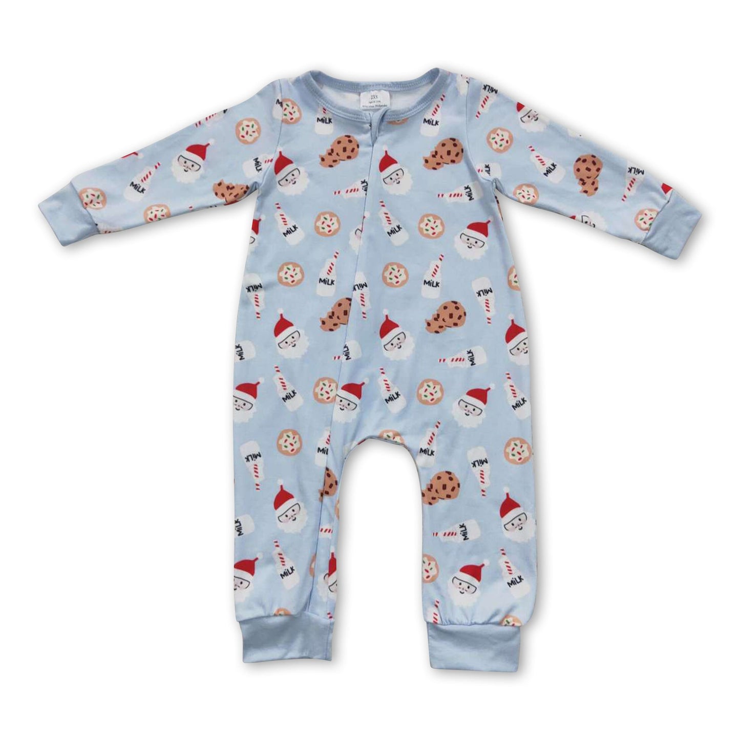 Baby-Jungen-Weihnachts-Strampler in Himmelblau mit Weihnachtsmann, Keks und Milch