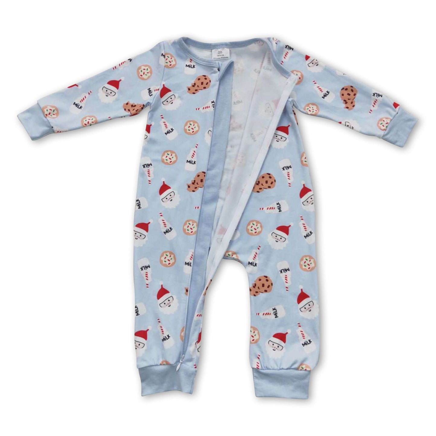 Baby-Jungen-Weihnachts-Strampler in Himmelblau mit Weihnachtsmann, Keks und Milch