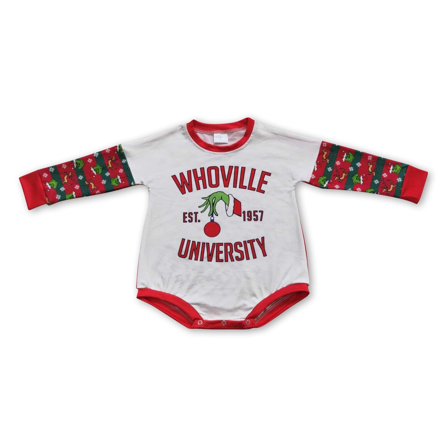 Grüner Gesichts-Universität-Baby-Mädchen-Weihnachts-Strampler