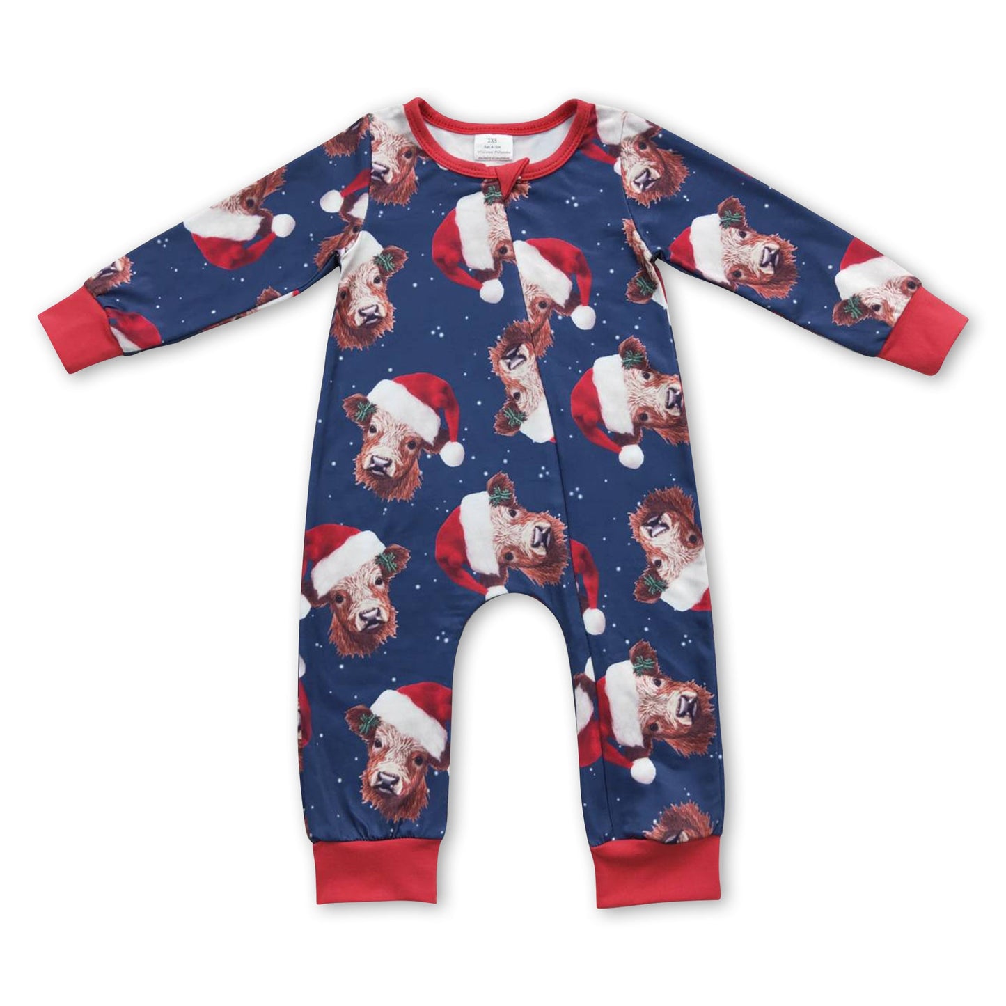 Roter Weihnachtsmützen-Hochlandrind-Baby-Strampler mit Reißverschluss