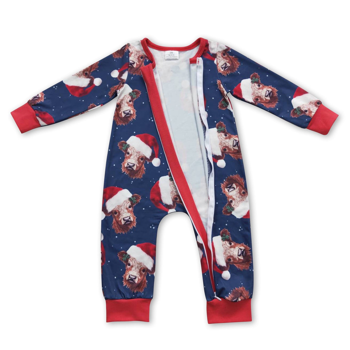 Roter Weihnachtsmützen-Hochlandrind-Baby-Strampler mit Reißverschluss