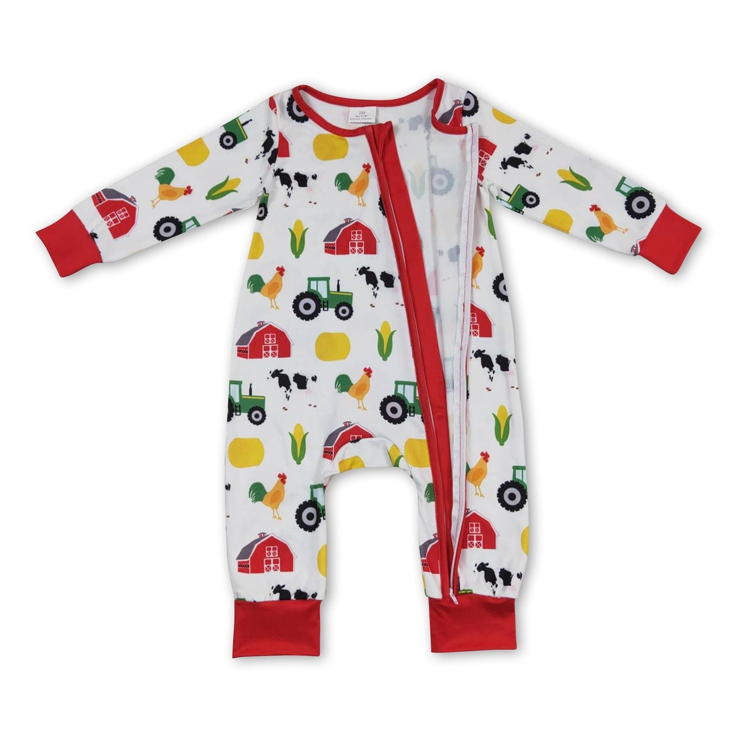 Hähnchen-Kuh-Mais-Baby-Jungen-Bauernhof-Reißverschluss-Strampler