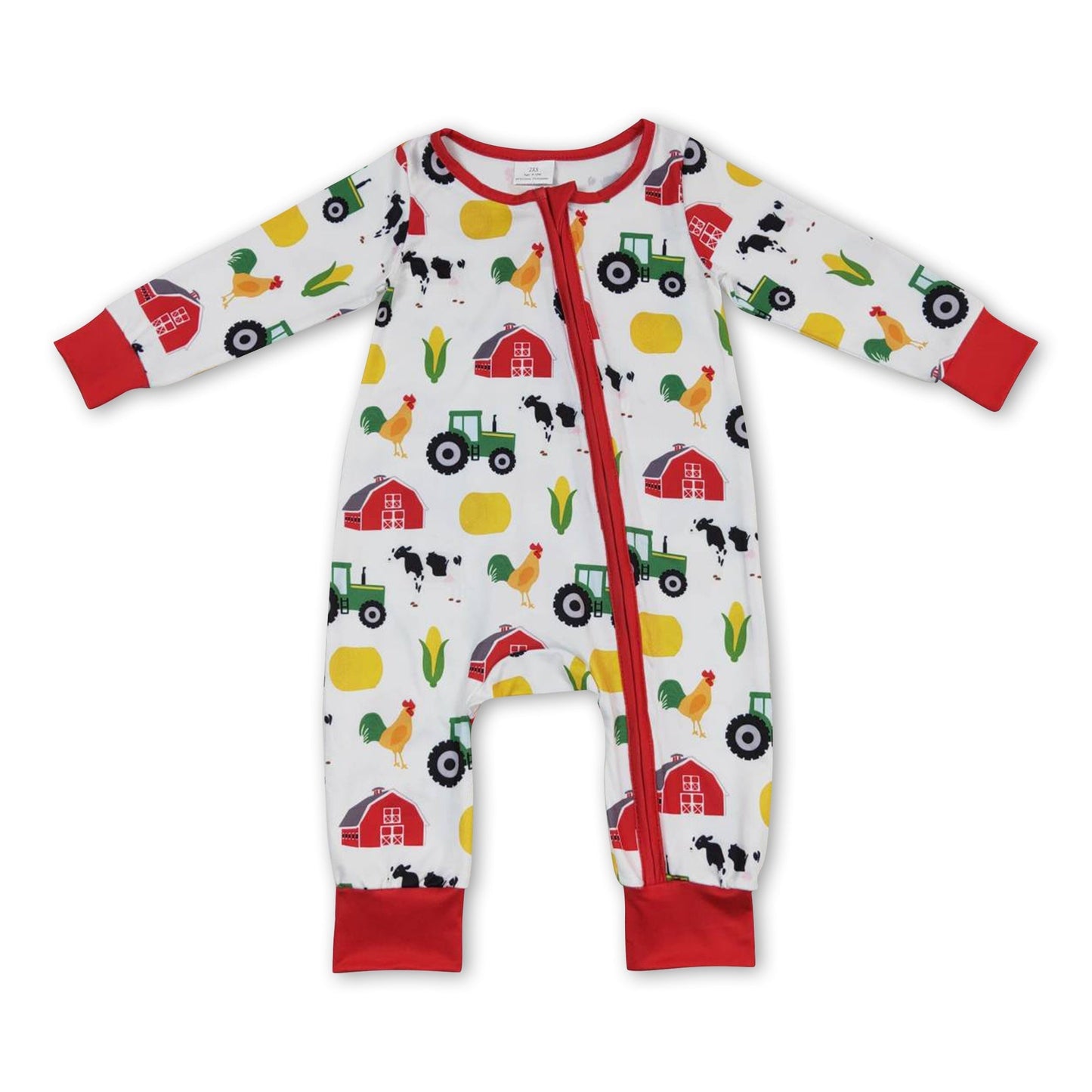 Hähnchen-Kuh-Mais-Baby-Jungen-Bauernhof-Reißverschluss-Strampler