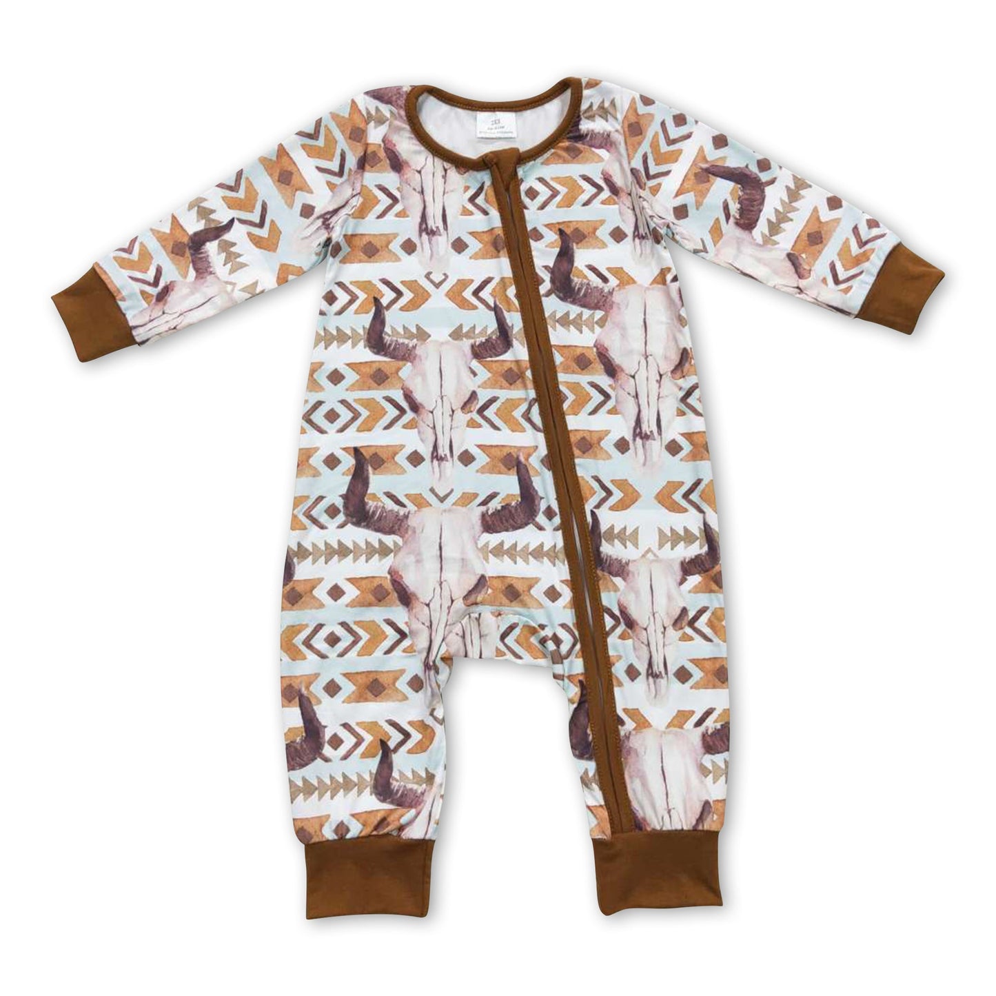 Braune Taschen Stierschädel Western Baby Overall mit Reißverschluss