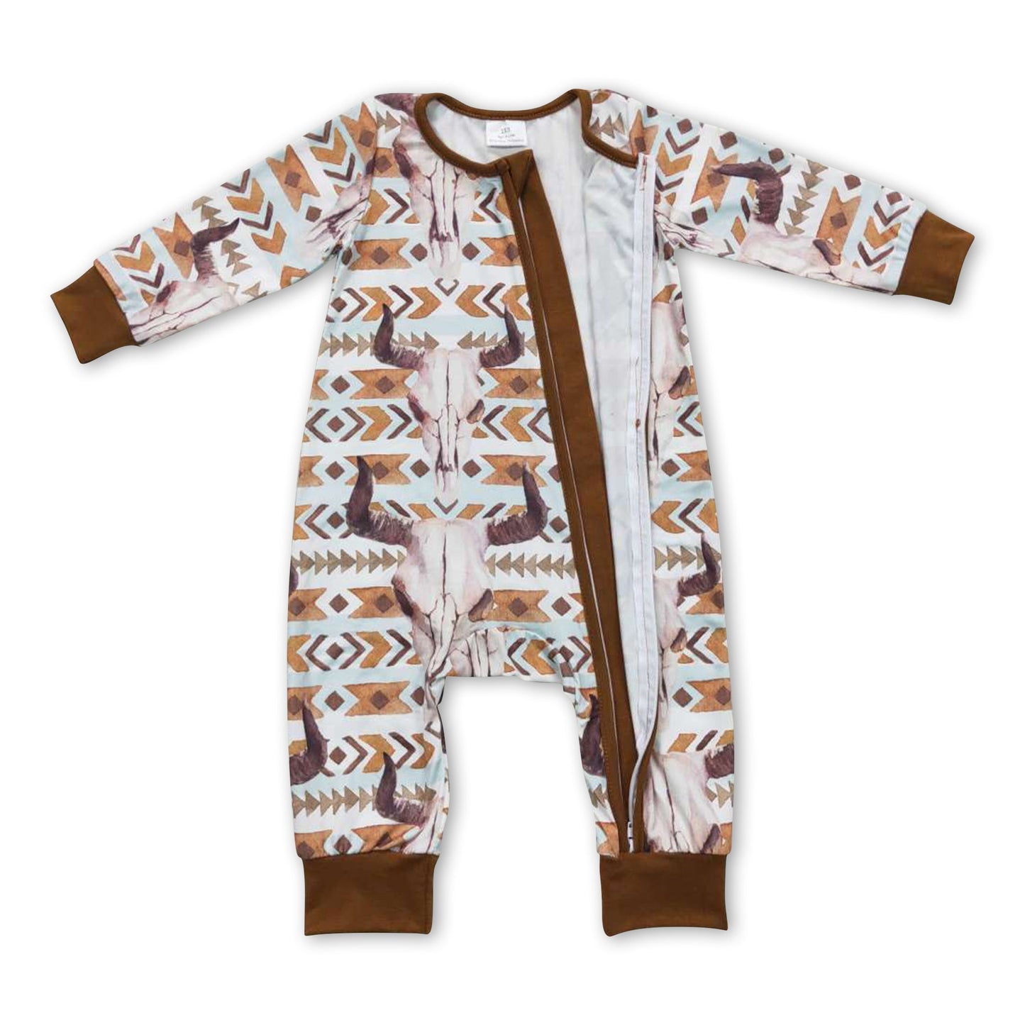 Braune Taschen Stierschädel Western Baby Overall mit Reißverschluss