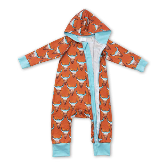 Brown bull skull hooded baby kids zipper western romper