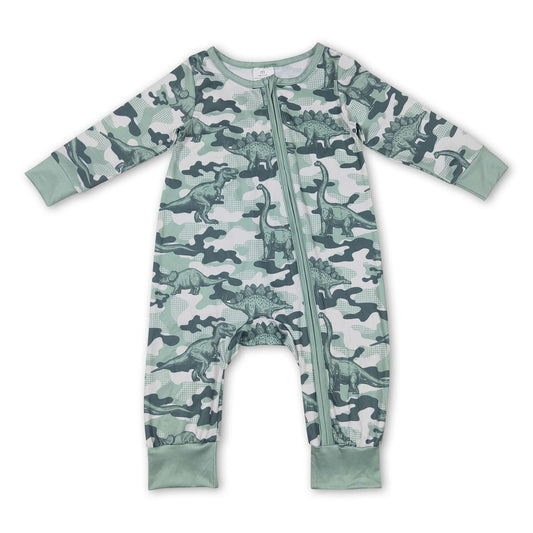 Grüner Dinosaurier Camo Langarm Strampler mit Reißverschluss für Baby Jungen