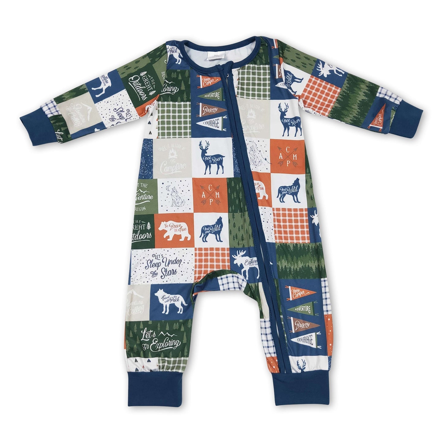 Lass uns Campen gehen Reh Patchwork Baby Kinder Reißverschluss Strampler