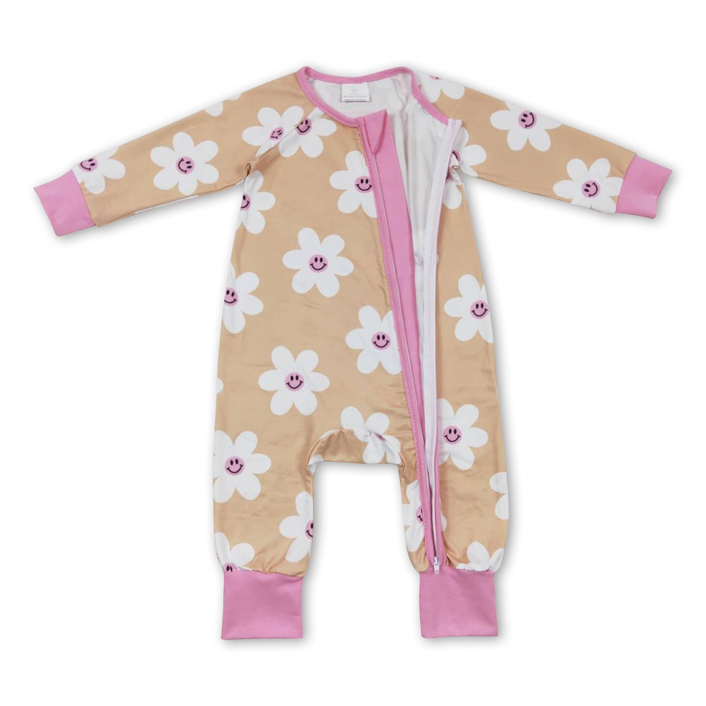 Lange Ärmel Baby Mädchen Reißverschluss Strampler mit lächelnder Blume