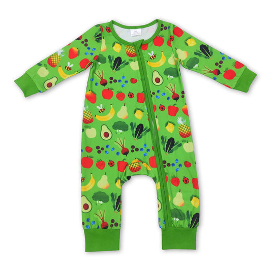 Grüner Strampler mit langen Ärmeln und Reißverschluss für Baby-Mädchen mit Früchten