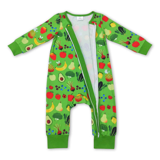 Grüner Strampler mit langen Ärmeln und Reißverschluss für Baby-Mädchen mit Früchten