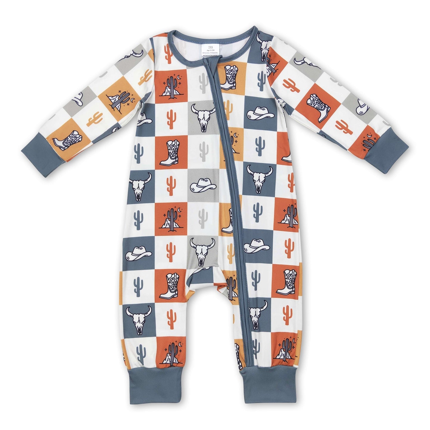 Stierkopf-Kaktus-Stiefel-Karo-Baby-Western-Reißverschluss-Strampler