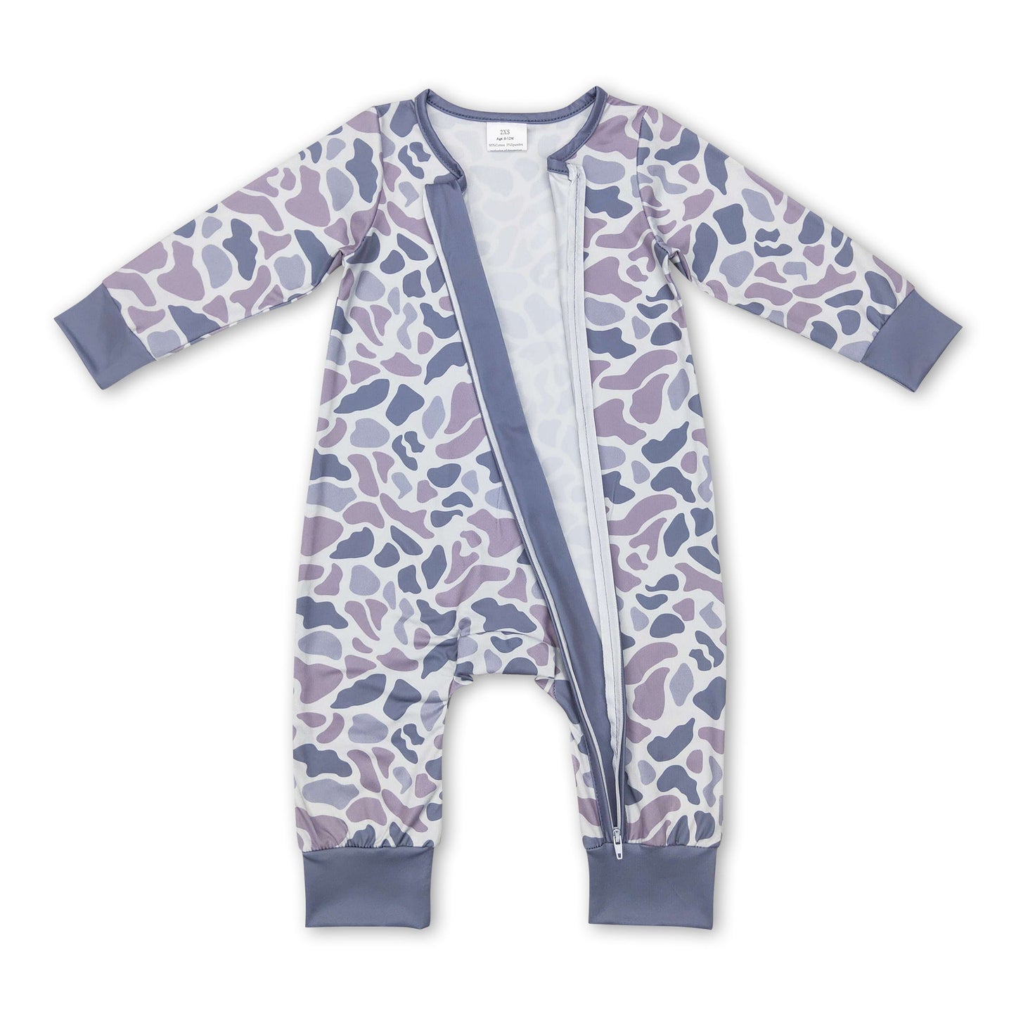 Langarm Strampler für Babys und Kinder, Grau Camouflage, mit Reißverschluss