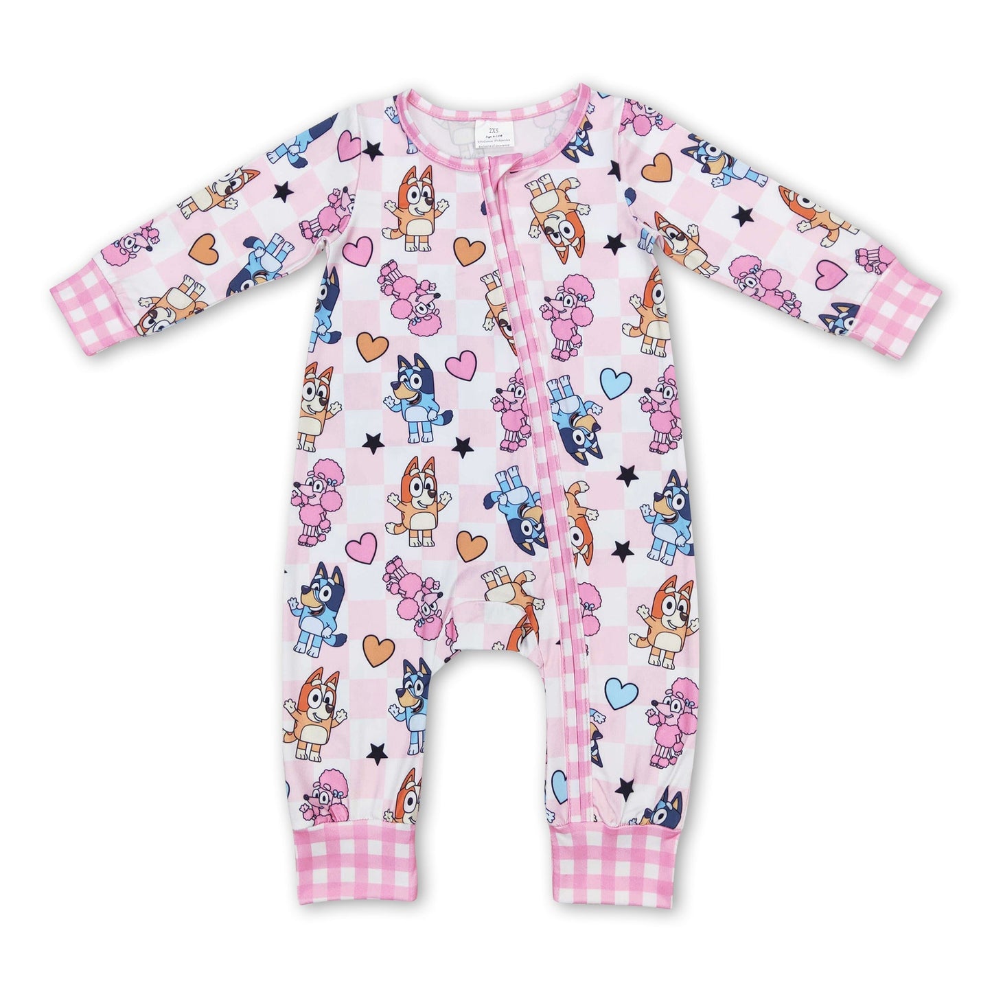 Pinkfarbener Herz-Karo-Hunde-Baby-Mädchen-Valentinstags-Reißverschluss-Strampler