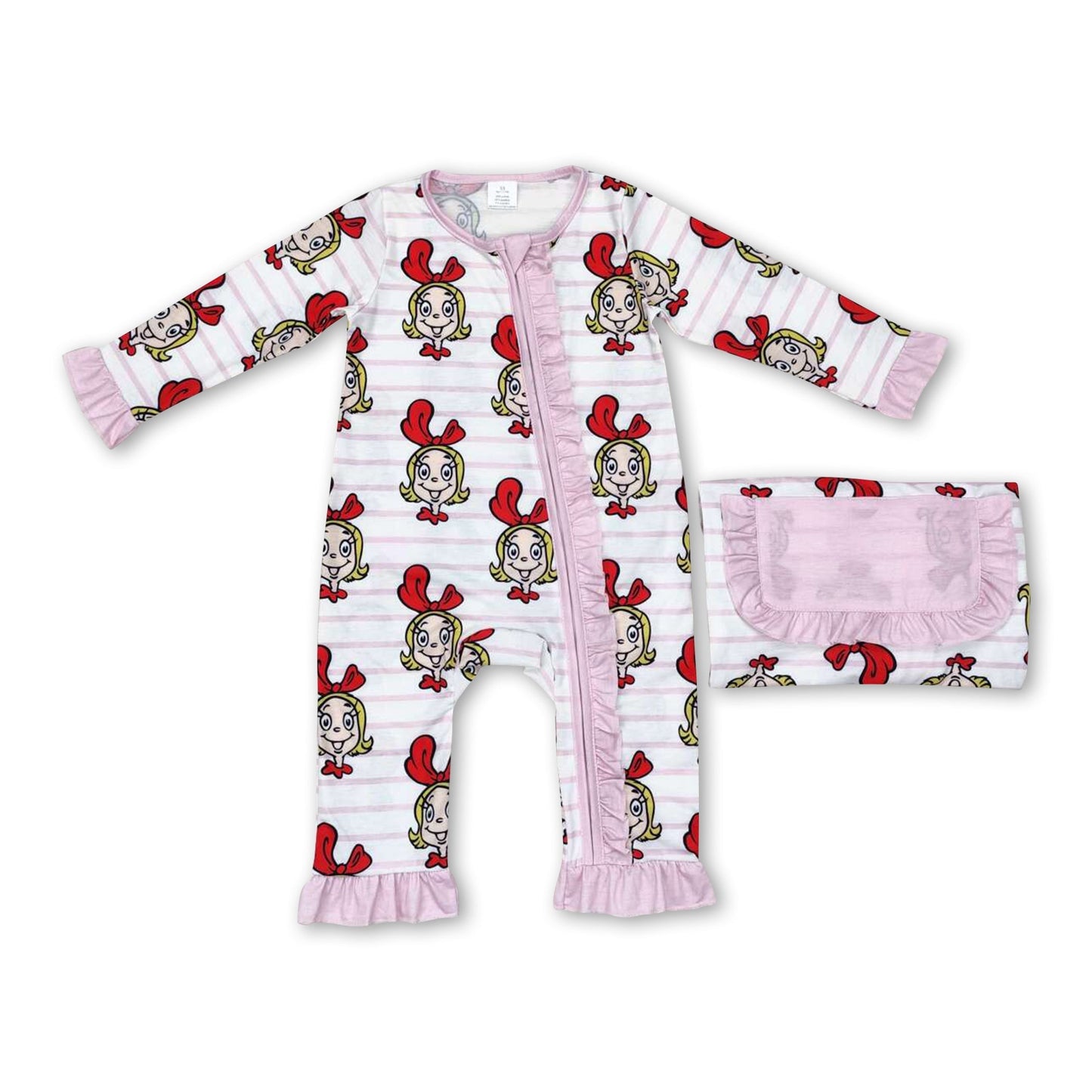 Rosa gestreifter langärmeliger Baby-Mädchen-Weihnachts-Strampler mit Reißverschluss