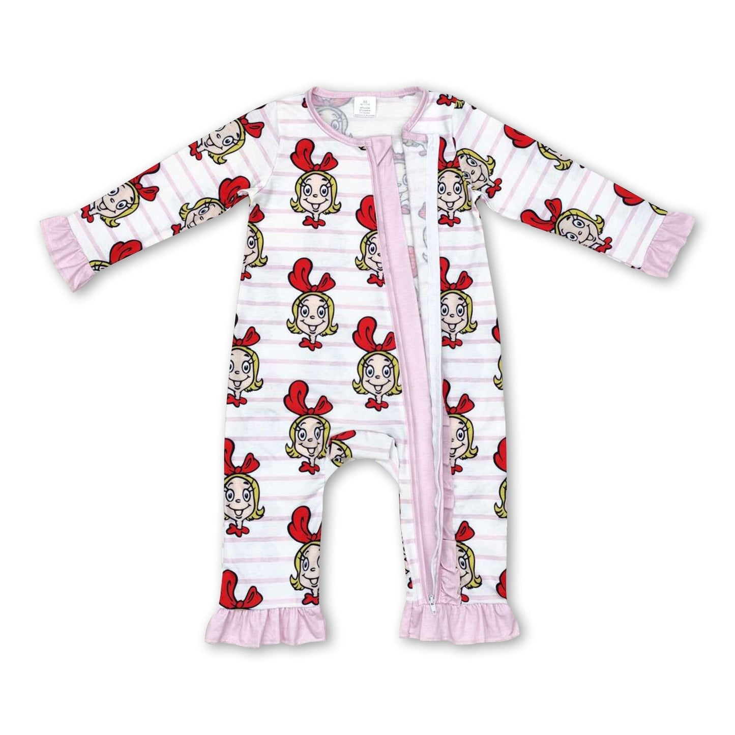 Rosa gestreifter langärmeliger Baby-Mädchen-Weihnachts-Strampler mit Reißverschluss