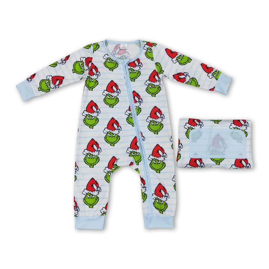 Gestreifter grüner Strampler mit Reißverschluss und Weihnachtsmotiv für Babys