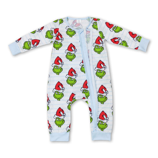 Gestreifter grüner Strampler mit Reißverschluss und Weihnachtsmotiv für Babys