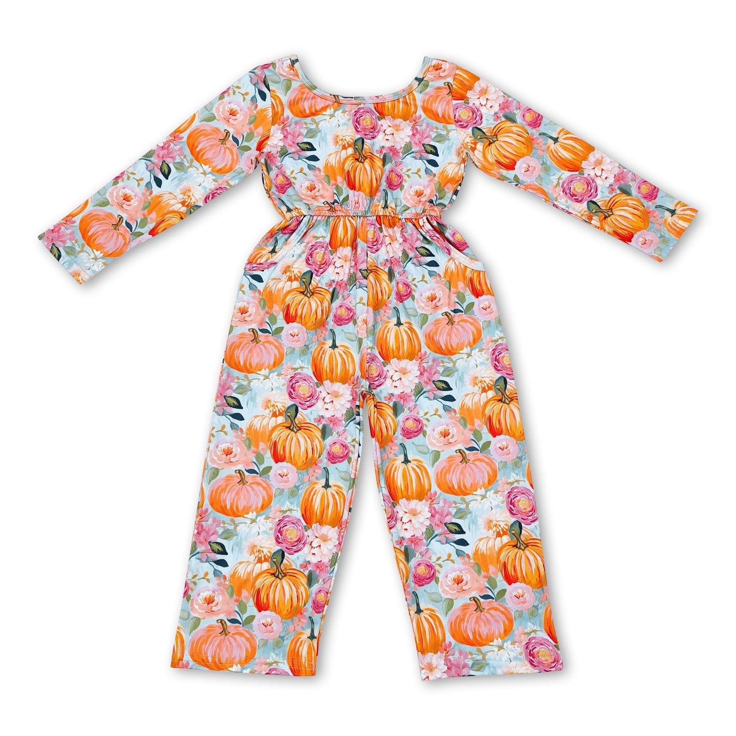 Langarm Kürbis Blumen Taschen Kinder Mädchen Herbst Jumpsuit