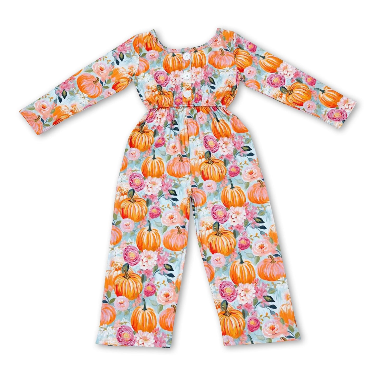 Langarm Kürbis Blumen Taschen Kinder Mädchen Herbst Jumpsuit