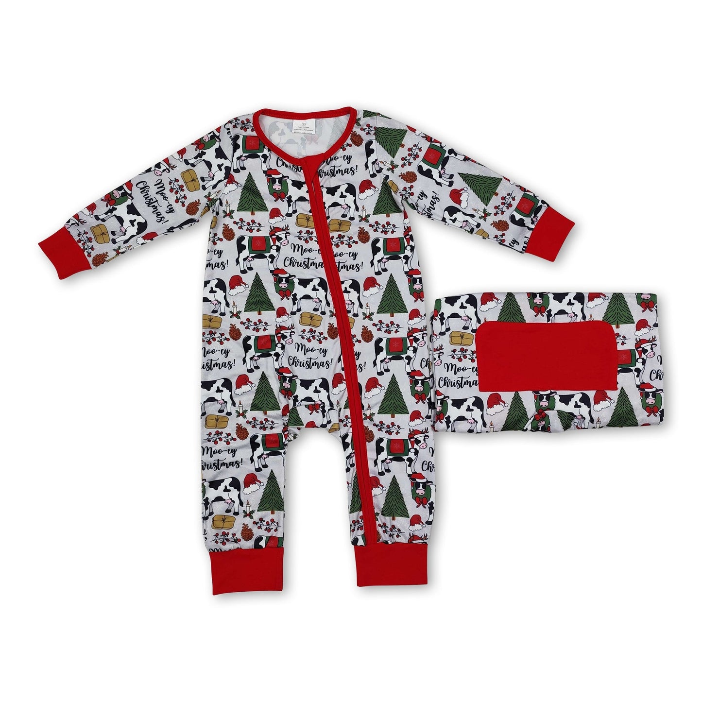 Langarm-Weihnachtsbaum-Kühe-Baby-Strampler mit Reißverschluss