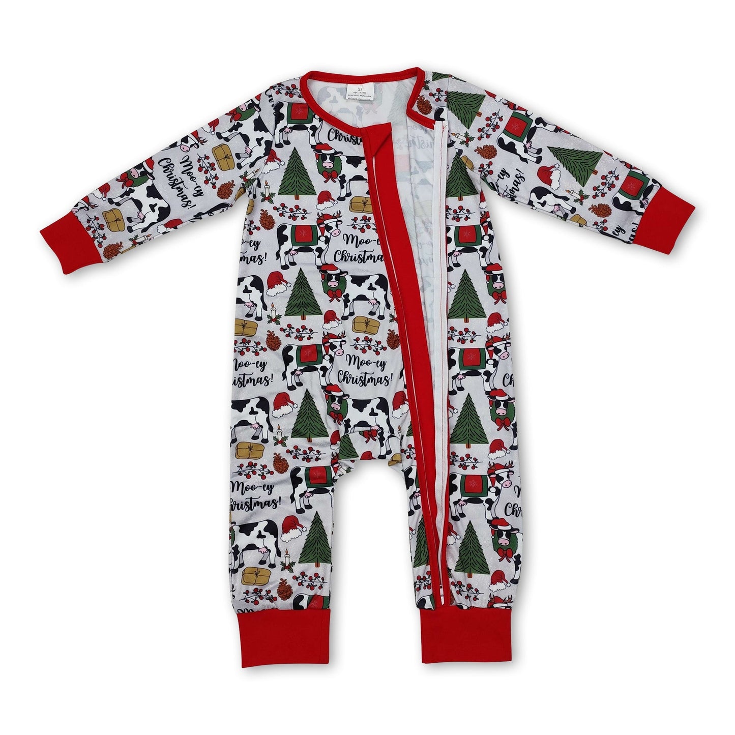 Langarm-Weihnachtsbaum-Kühe-Baby-Strampler mit Reißverschluss