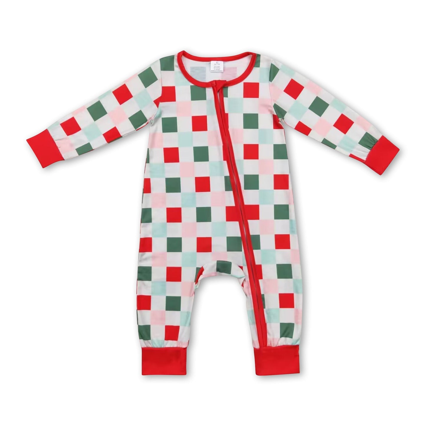 Rot grün karierter Baby Kinder Weihnachtsreißverschluss Strampler