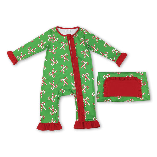 Grüner Zuckerstangen-Baby-Strampler für Mädchen mit Reißverschluss zu Weihnachten
