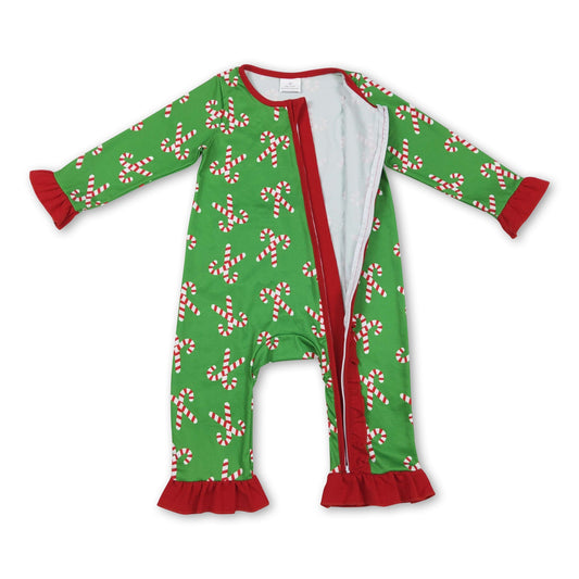 Grüner Zuckerstangen-Baby-Strampler für Mädchen mit Reißverschluss zu Weihnachten