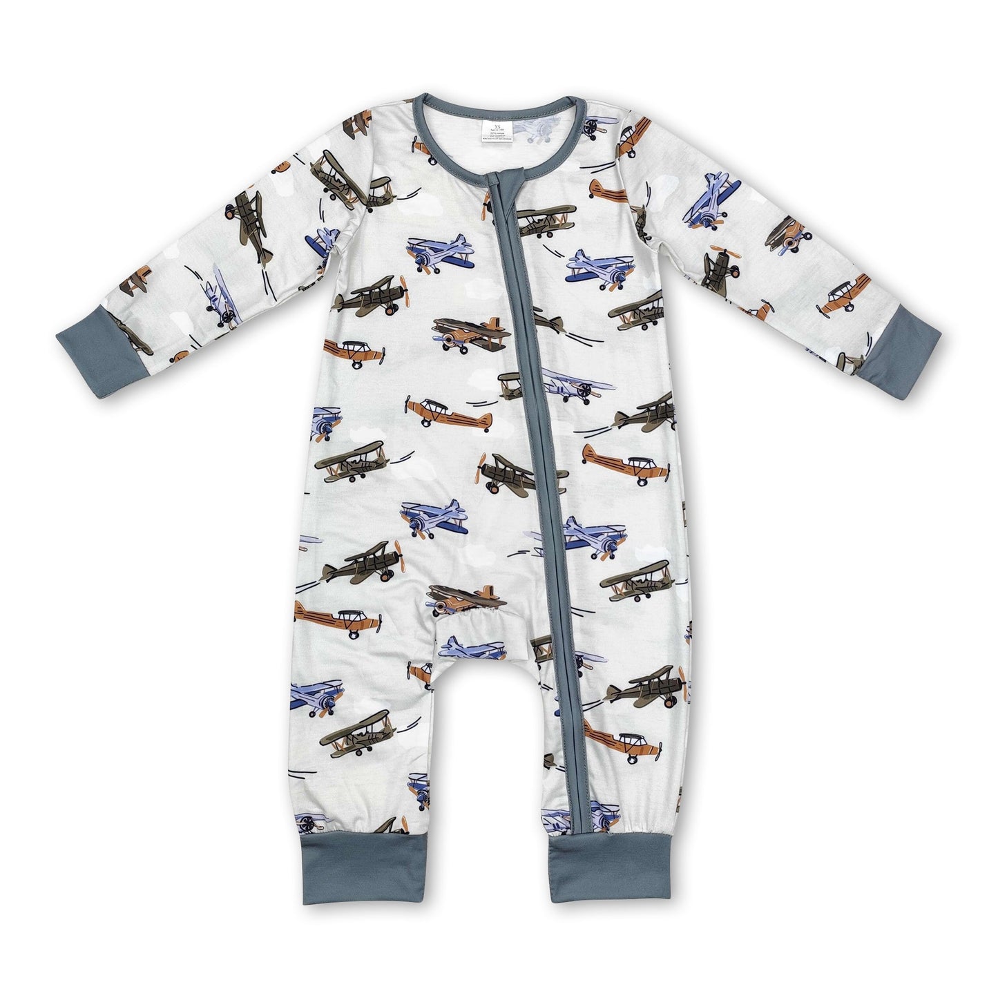 Langärmliger Baby-Jungen-Strampler mit Reißverschluss und Flugzeugmuster