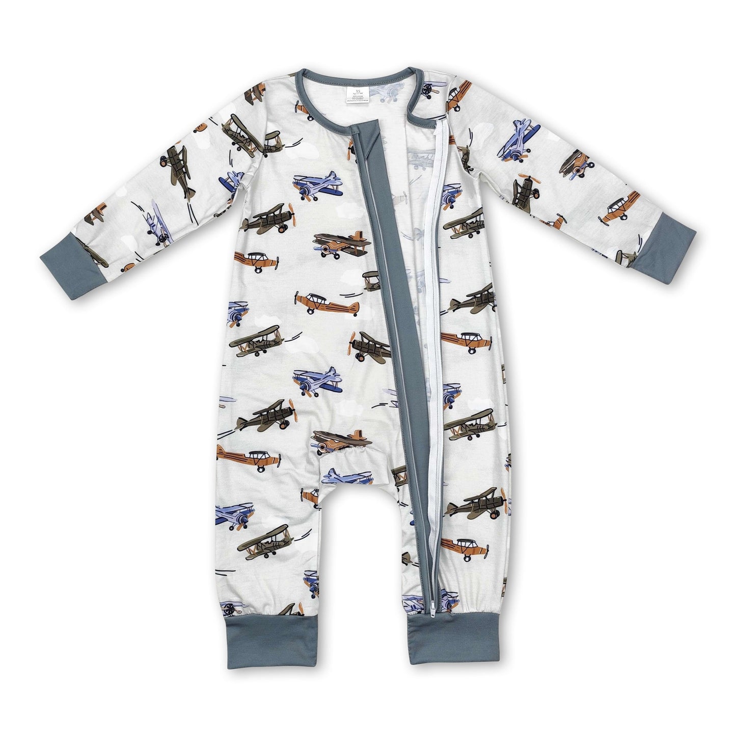 Langärmliger Baby-Jungen-Strampler mit Reißverschluss und Flugzeugmuster