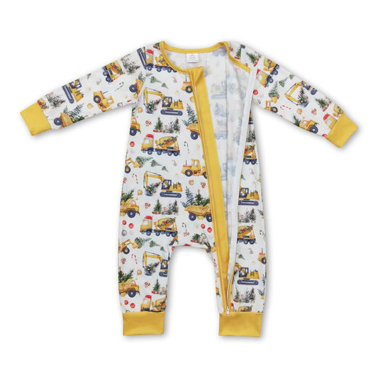 Yellow constructions Christmas tree baby boy zipper romper