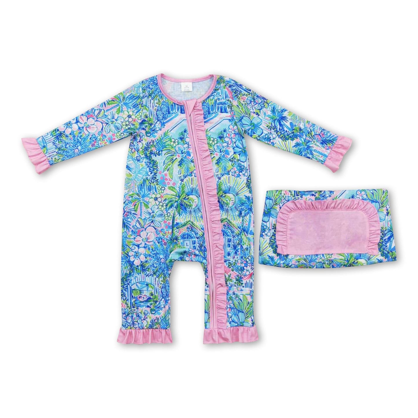 Rosa Rüschen-Aquarell-blaue florale Baby Mädchen Reißverschluss-Strampler