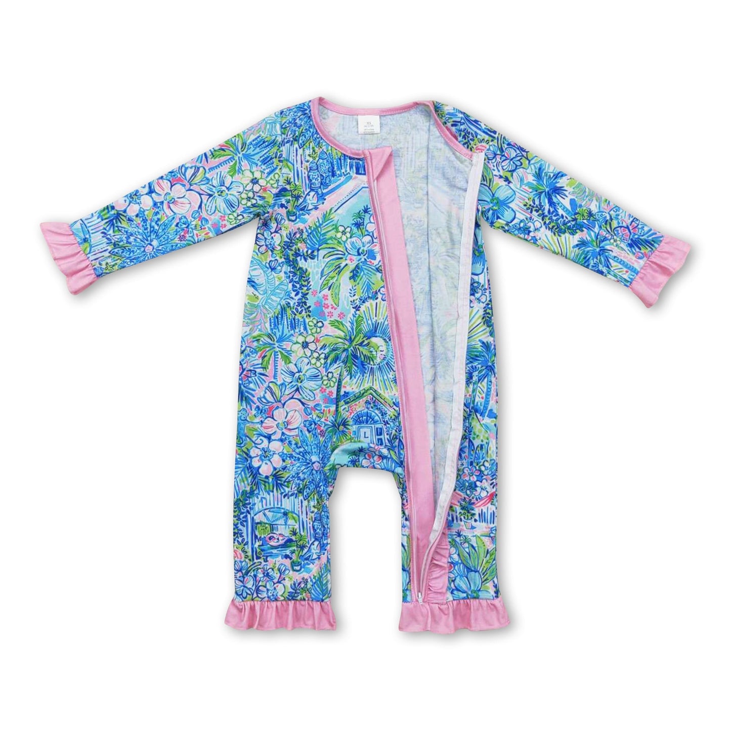 Rosa Rüschen-Aquarell-blaue florale Baby Mädchen Reißverschluss-Strampler