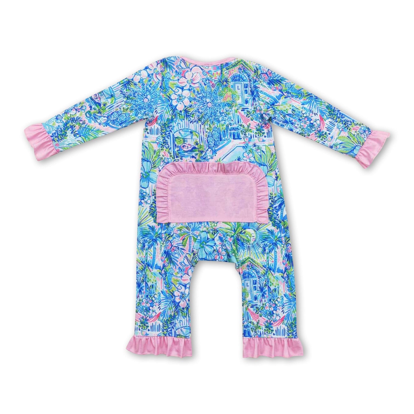 Rosa Rüschen-Aquarell-blaue florale Baby Mädchen Reißverschluss-Strampler