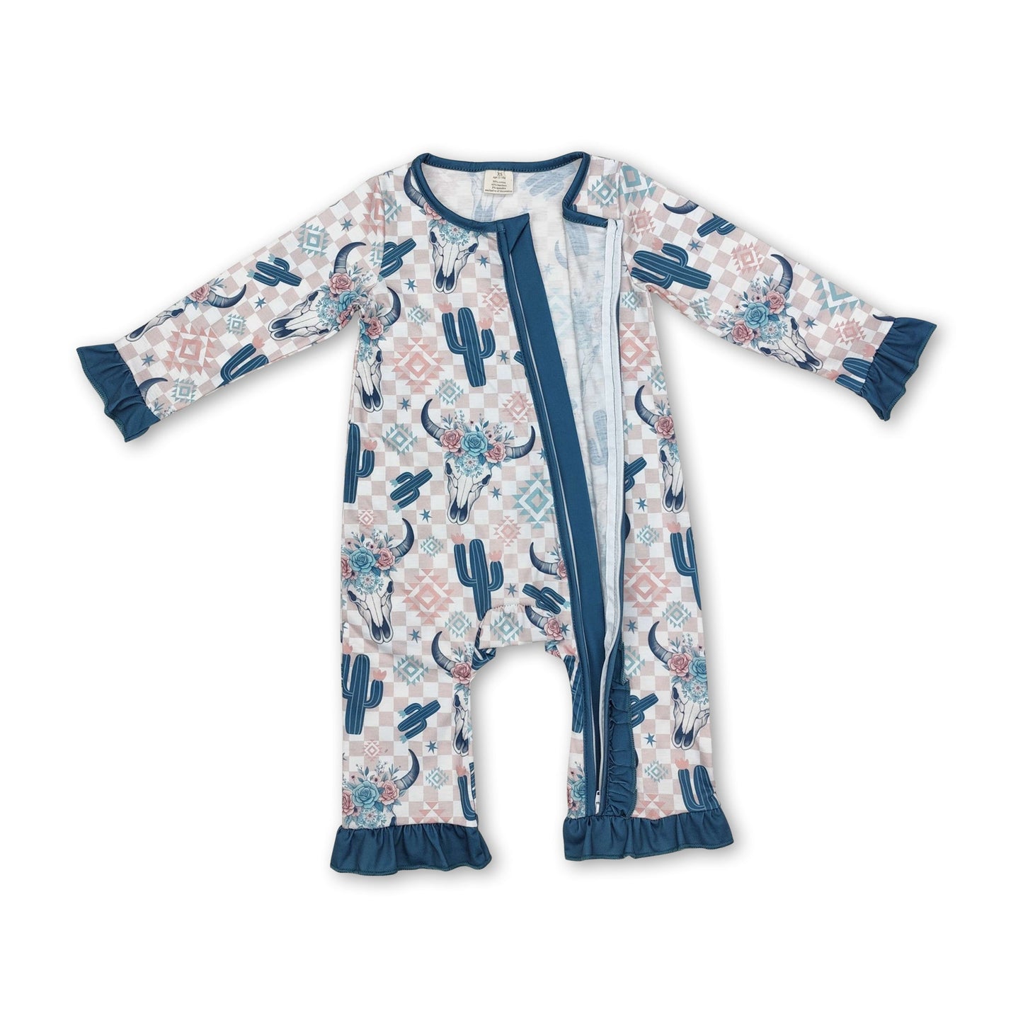Plaid-Kaktus-Büffelschädel-Blumen-Baby-Mädchen-Reißverschluss-Strampler