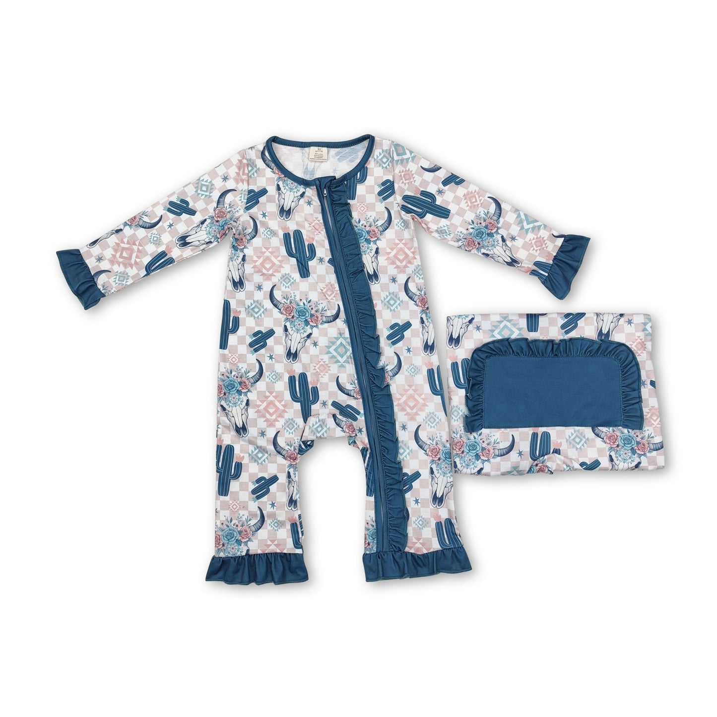 Plaid-Kaktus-Büffelschädel-Blumen-Baby-Mädchen-Reißverschluss-Strampler