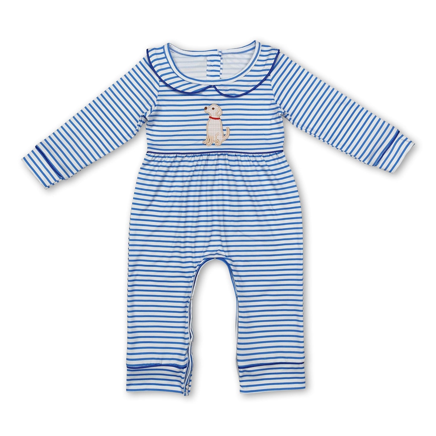 Blau gestreifter langärmeliger Strampler für Baby-Jungen mit Hunde-Motiv