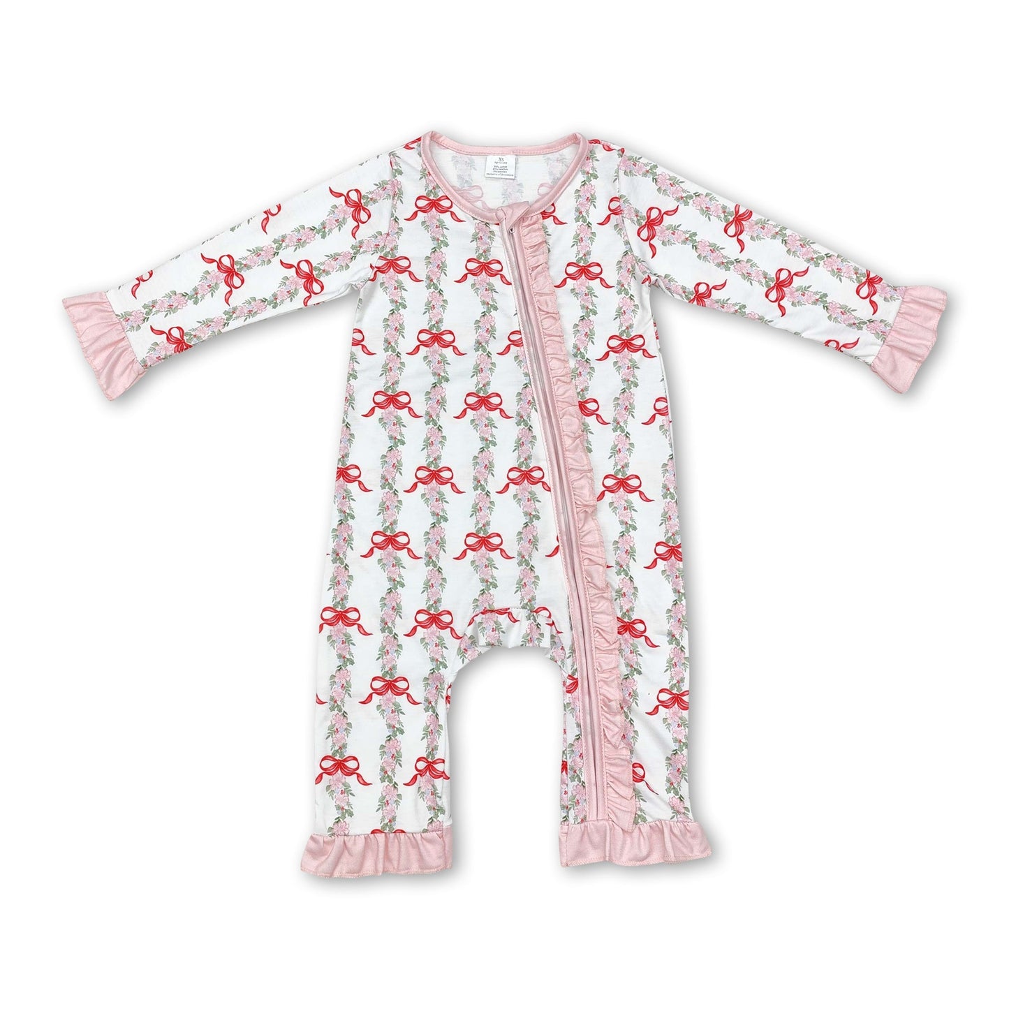 Strampler mit Reißverschluss, Rüschen, Blumenmuster und pinker Schleife für kleine Mädchen