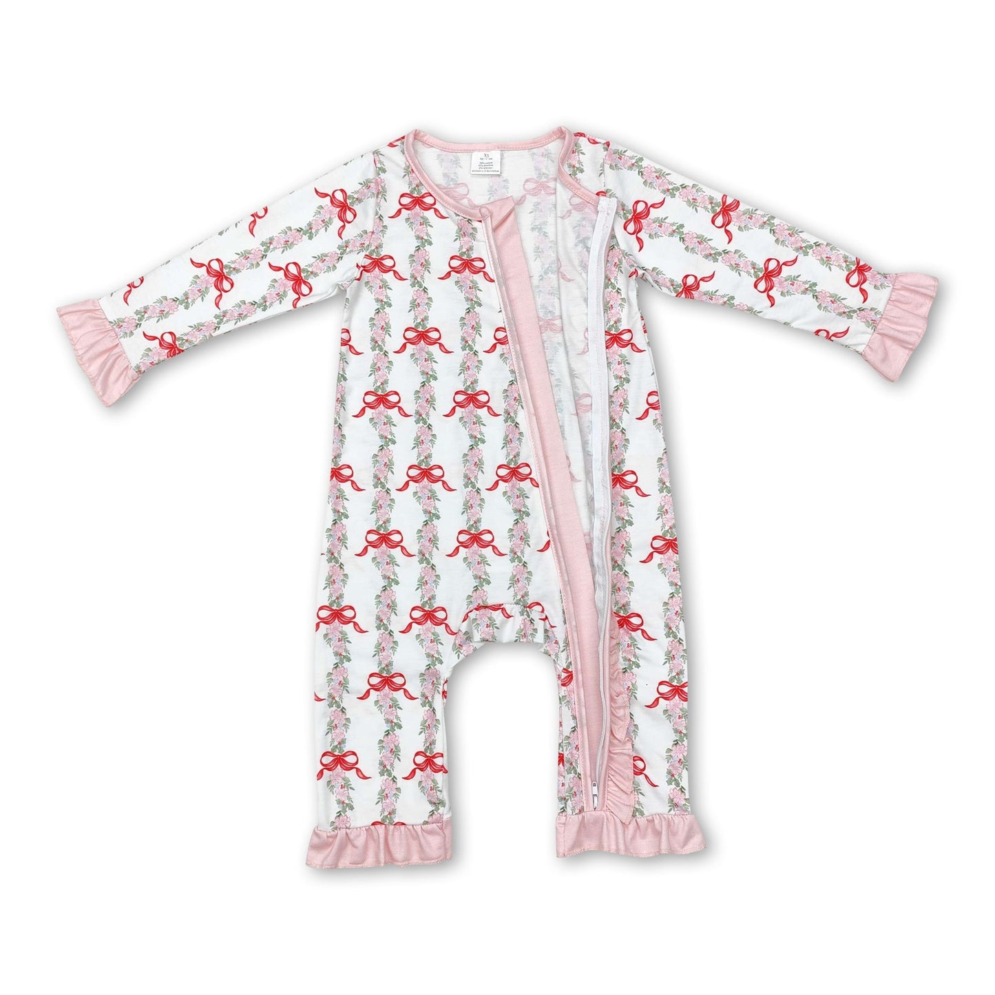 Strampler mit Reißverschluss, Rüschen, Blumenmuster und pinker Schleife für kleine Mädchen
