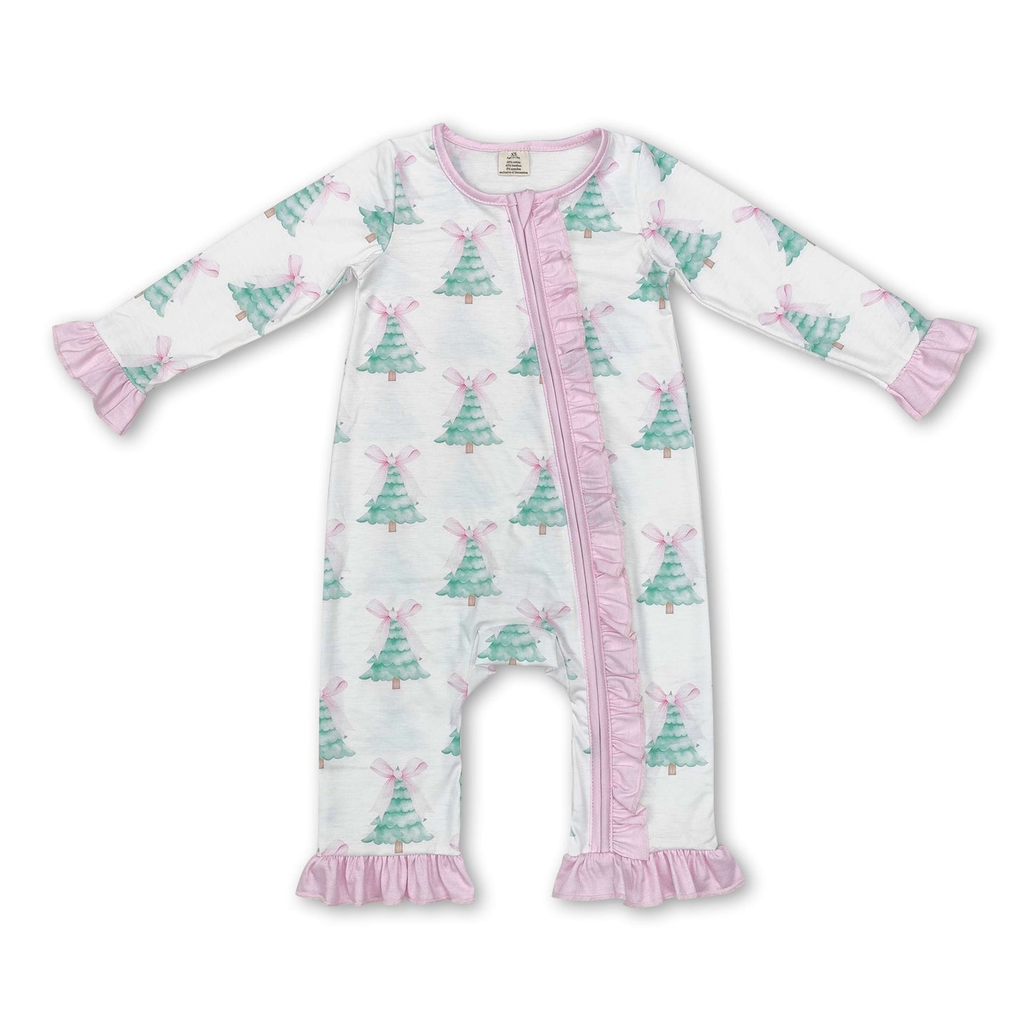 Strampler für Baby Mädchen mit Reißverschluss und rosa Schleife, Weihnachtsbaum-Motiv