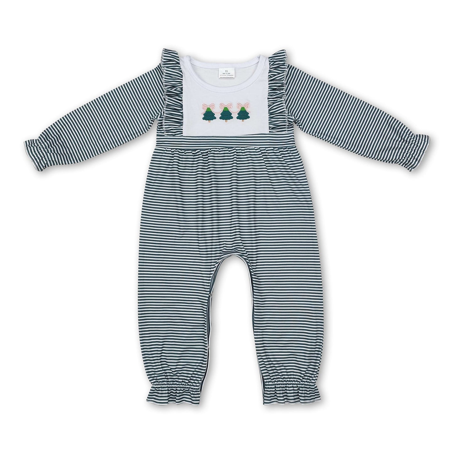 Langärmeliger grüner gestreifter Weihnachtsbaum-Strampler für Baby-Mädchen