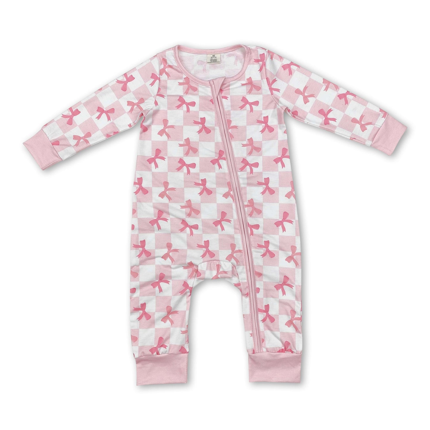 Langarm-Overall für Baby-Mädchen, rosa kariert, mit Schleife und Reißverschluss