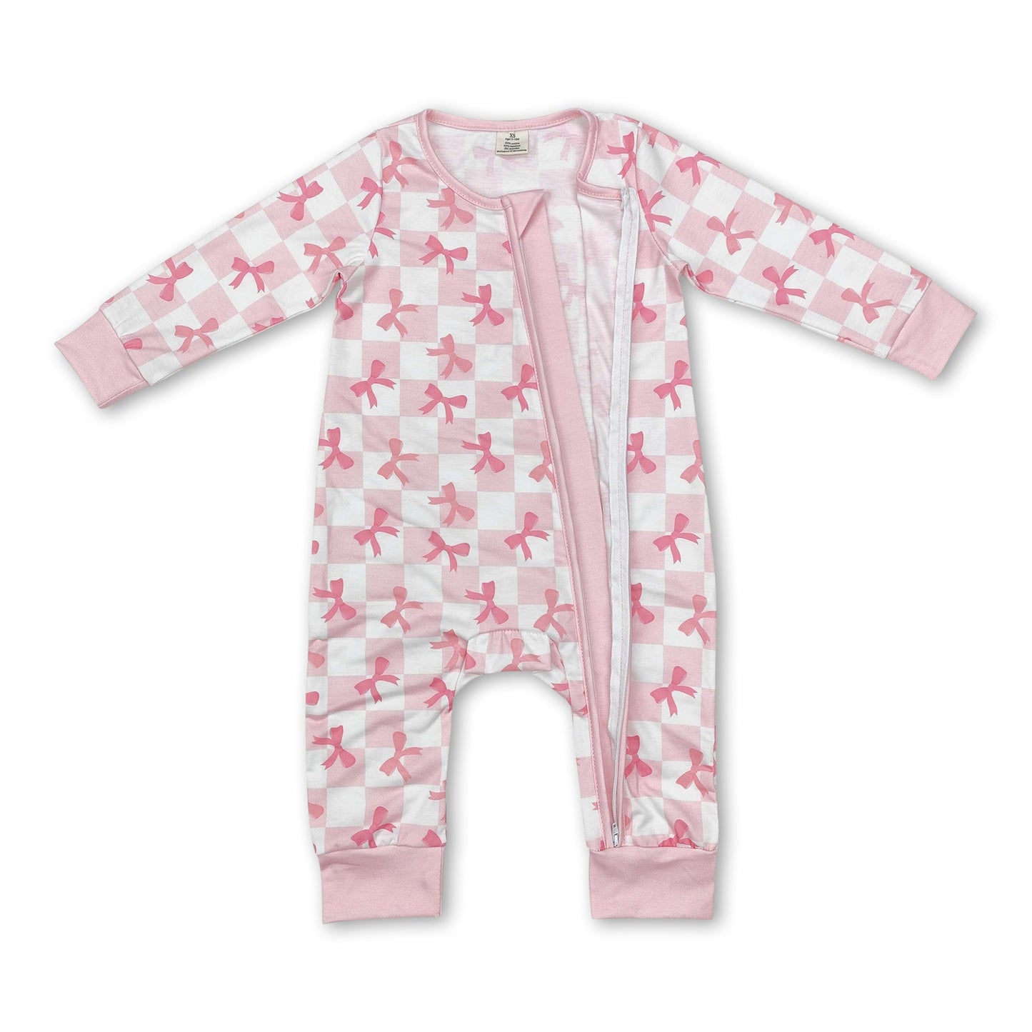 Langarm-Overall für Baby-Mädchen, rosa kariert, mit Schleife und Reißverschluss