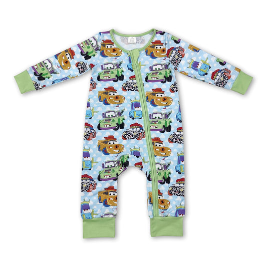 Grüner Langarm-Strampler mit Reißverschluss und Spielzeugautos für Babys und Kinder