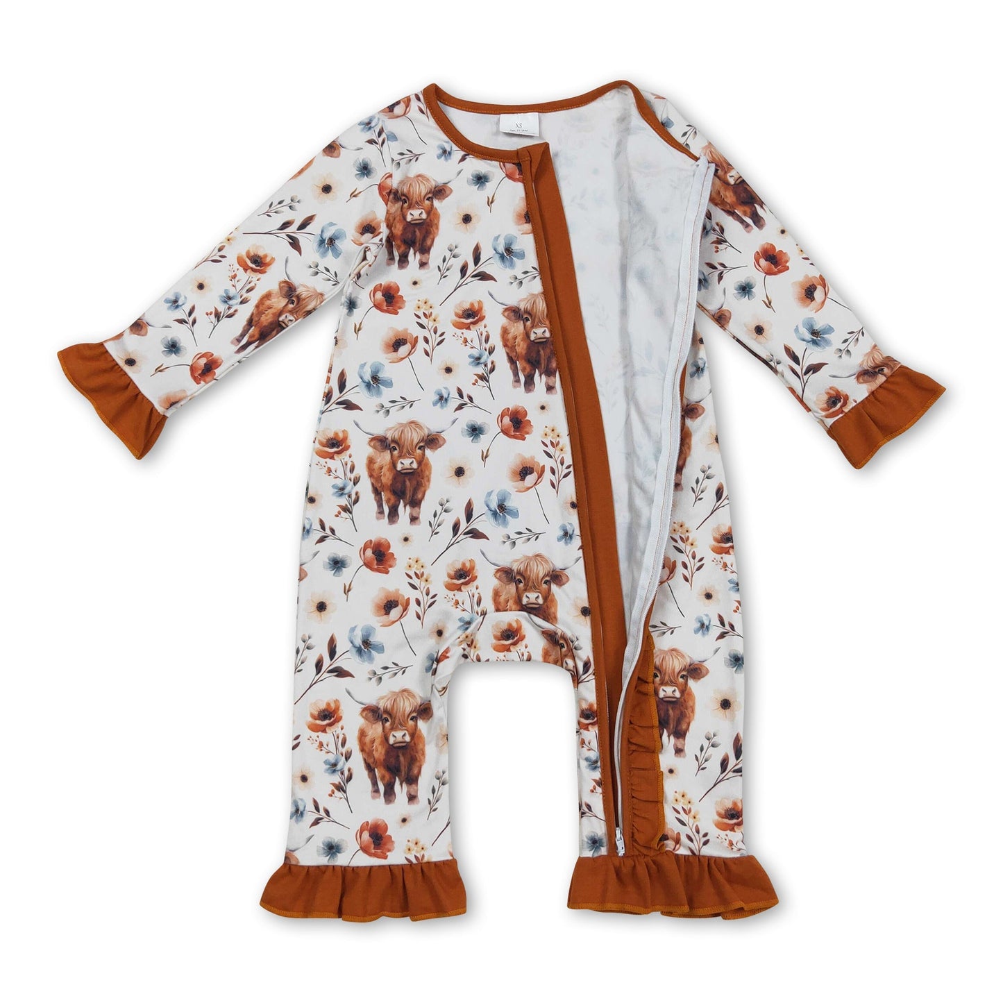 Brauner Rüschen-Highland-Kuh-Blumen-Baby-Mädchen-Reißverschluss-Strampler