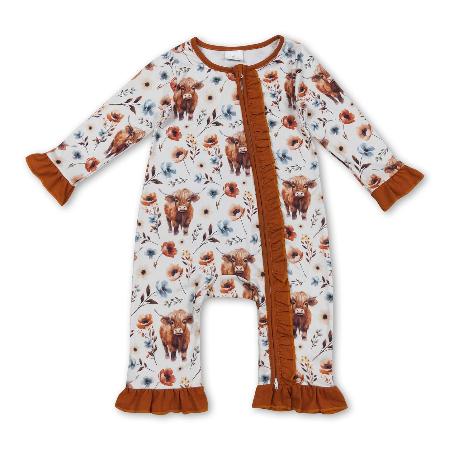 Brauner Rüschen-Highland-Kuh-Blumen-Baby-Mädchen-Reißverschluss-Strampler